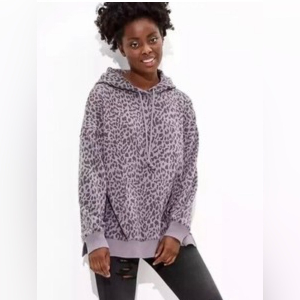 American Eagle Purple Oversized Hoodie Sweatshirt Leopard Print Size S Relaxed